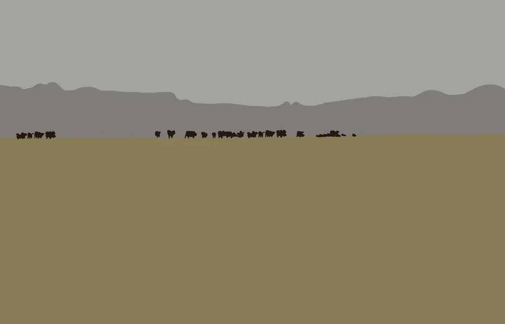 Illustrated outback landscape with cattle grazing beneath distant ranges